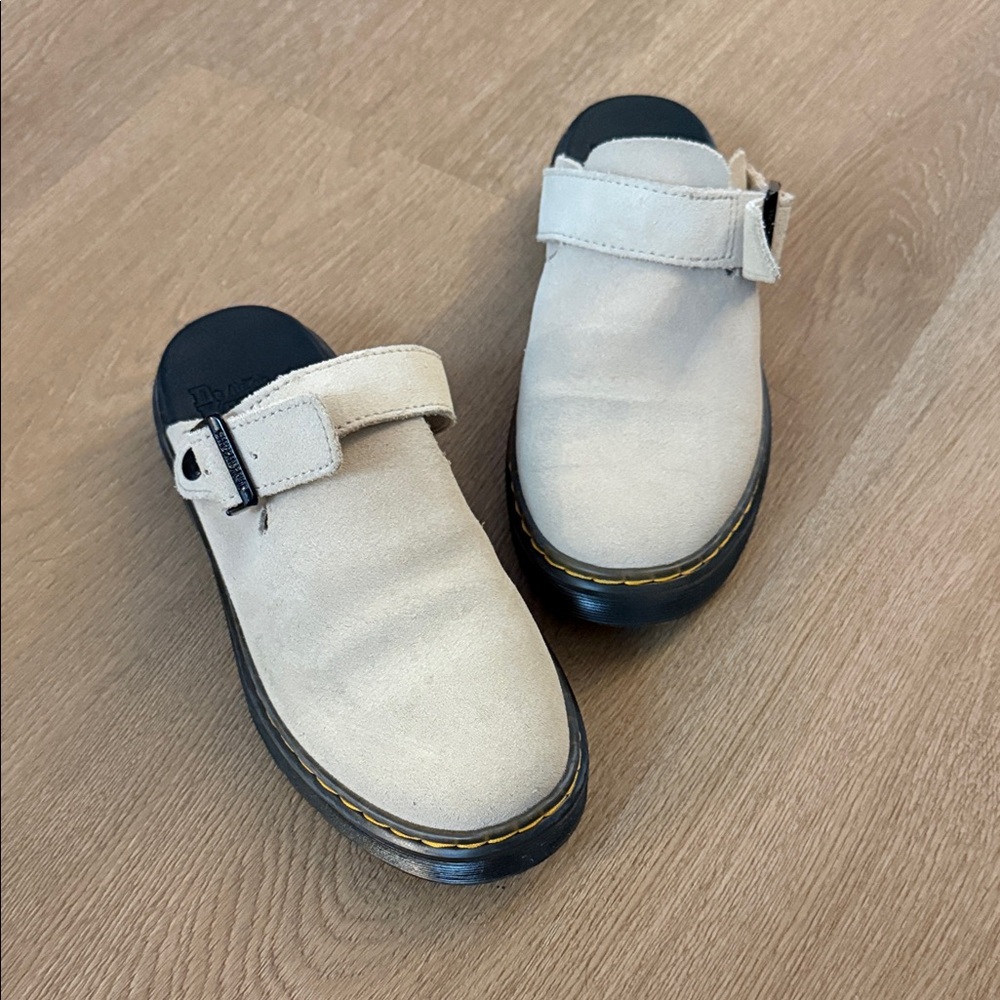 Dr. Martens Beige Suede Clog Mules with Black Soles